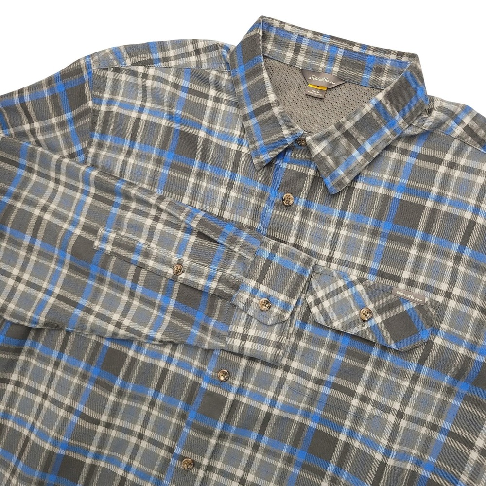 Eddie Bauer Travex Shirt Mens L‎ Gray Plaid Long Sleeve Button Up Hiking Outdoor